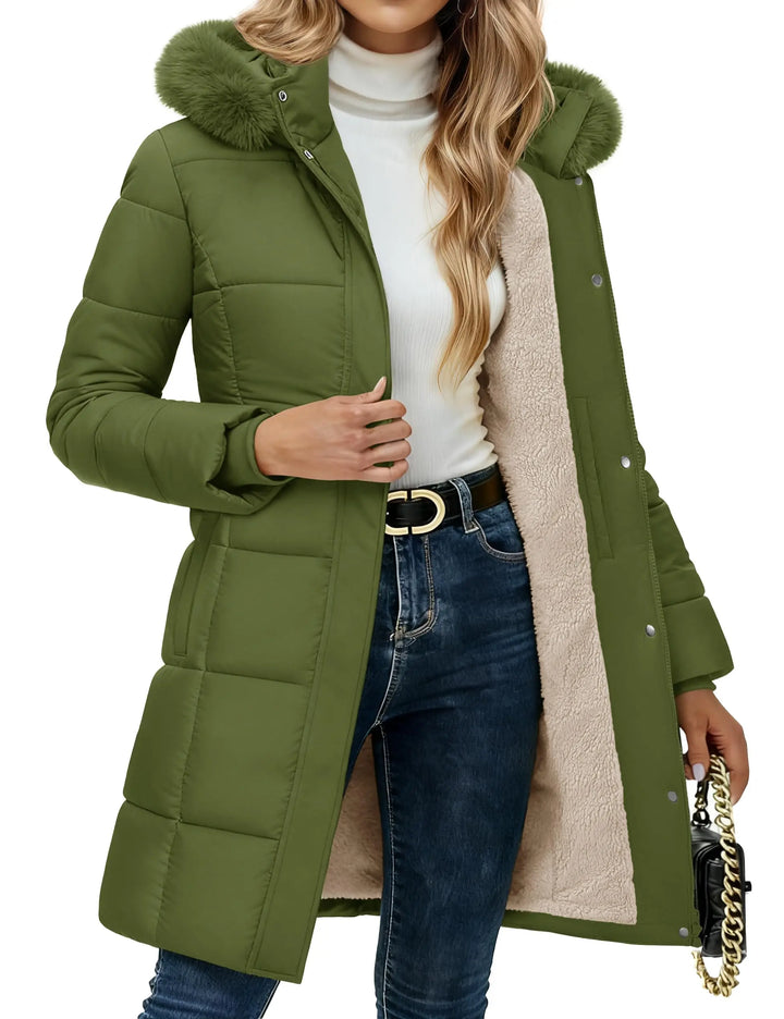 Olive green quilted puffer coat with faux fur hood, close up front view