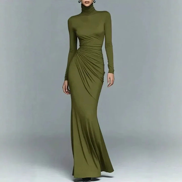 Olive green turtleneck bodycon maxi dress, front view