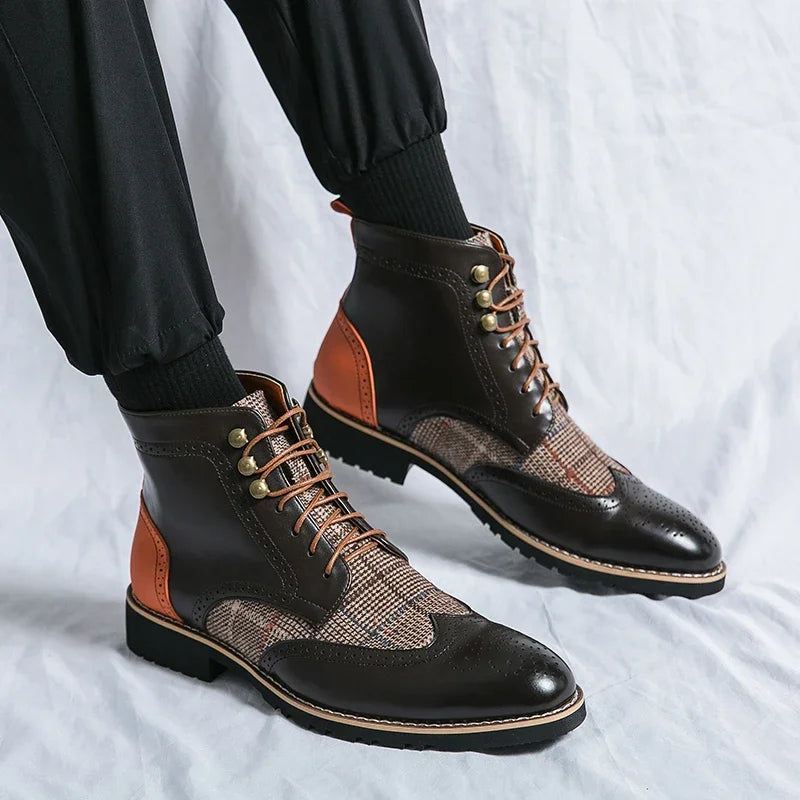 Side view of man wearing brown patchwork brogue boots