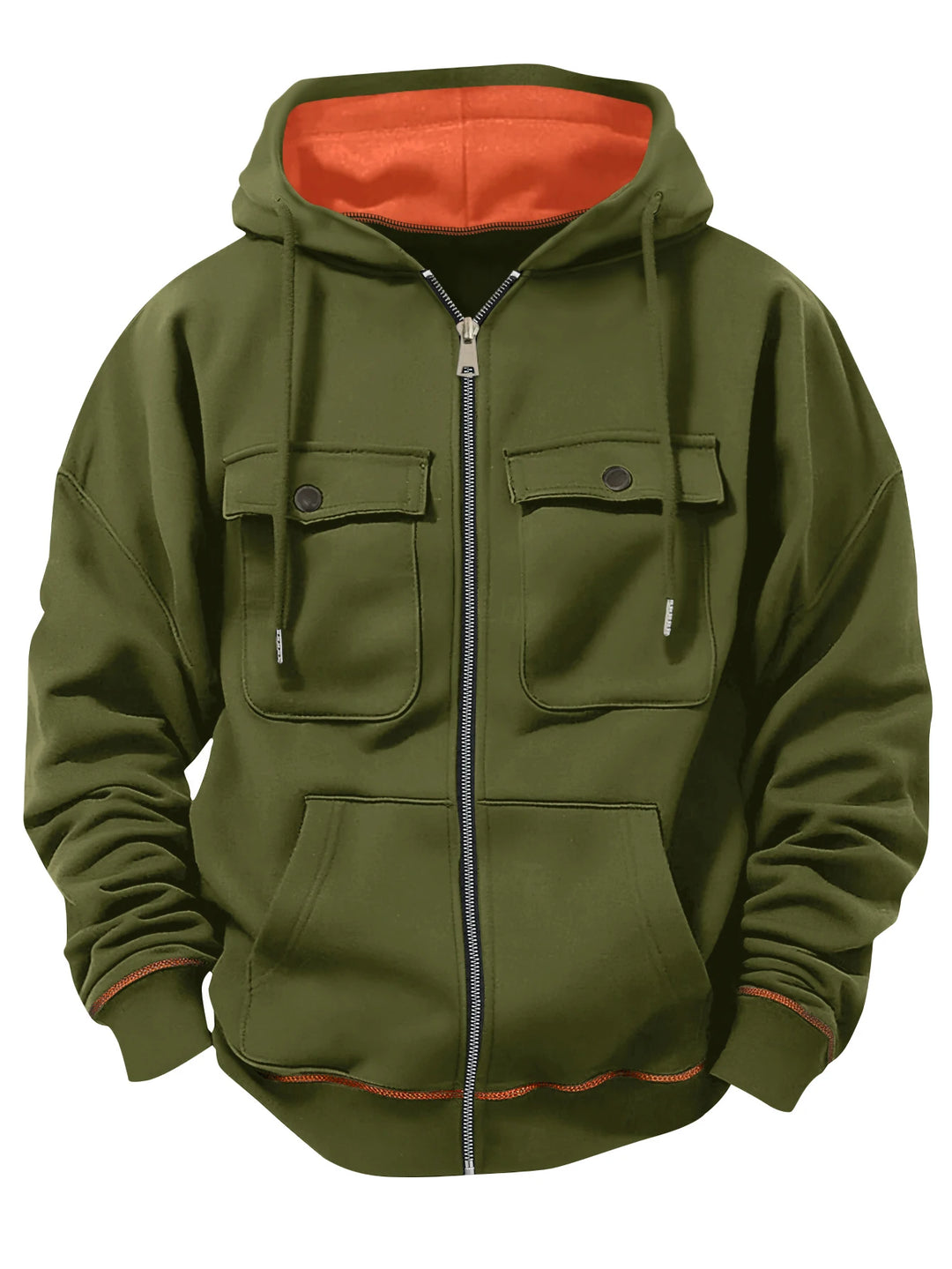 Army green zip-up hoodie with flap pockets, front view
