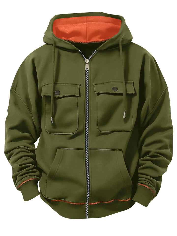 Army green zip-up hoodie with flap pockets, front view