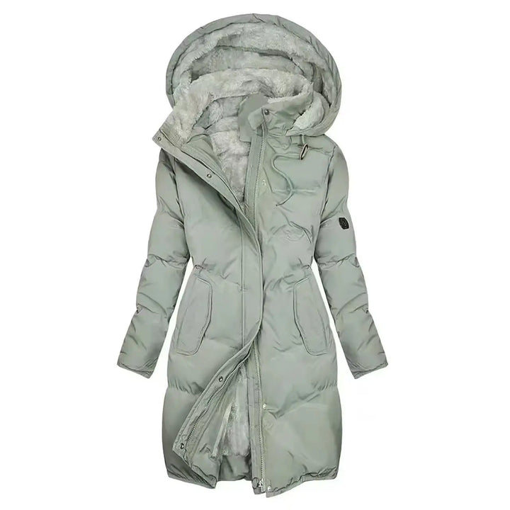 Sage green hooded parka coat with faux fur lined hood, front view