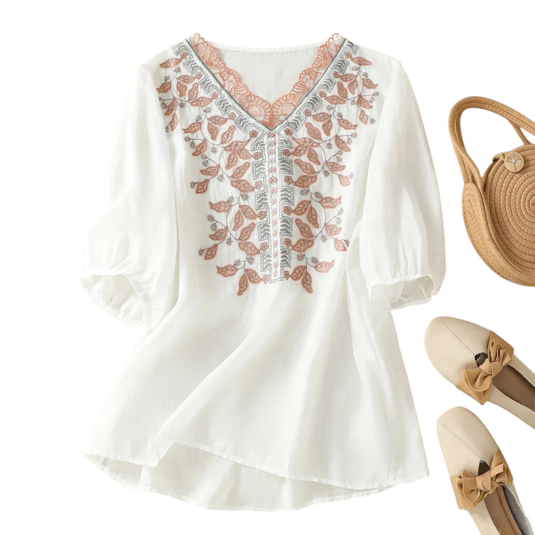 Sylvera Embroidered V Neck Blouse