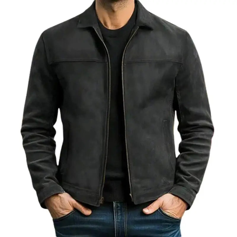 Man wearing black faux leather moto jacket with turn-down collar and zip front
