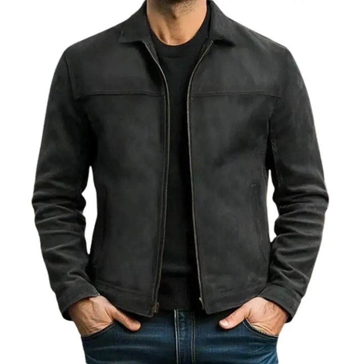 Man wearing black faux leather moto jacket with turn-down collar and zip front
