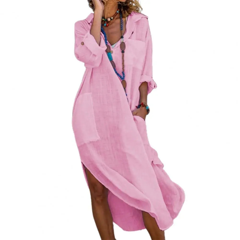 Seline Flowing Linen Long Shirt Dress