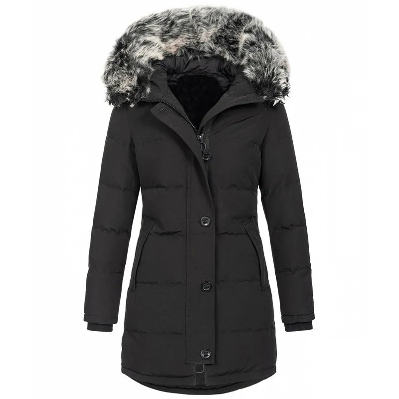 Black hooded parka coat front view with faux fur trim