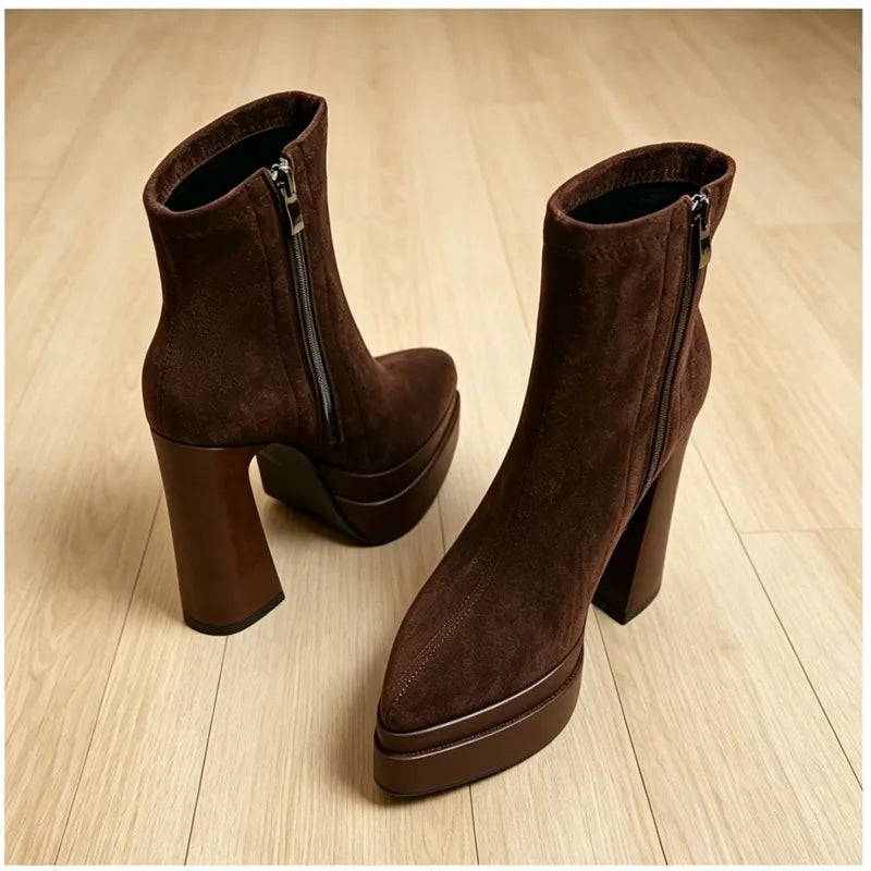 Brown suede-look platform ankle boots, back angled view showing heel