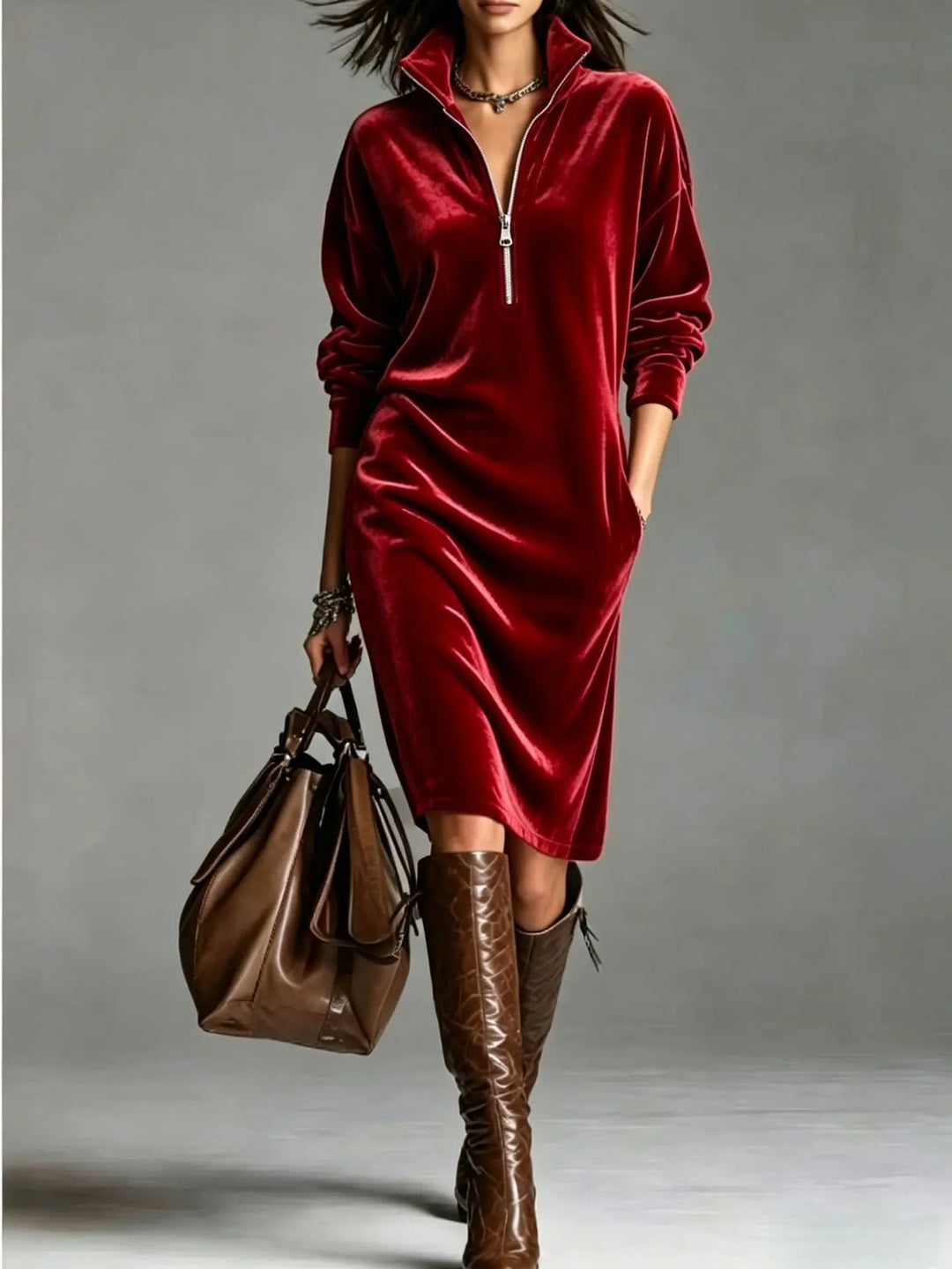 Lucienne Half Zip Velvet Dress