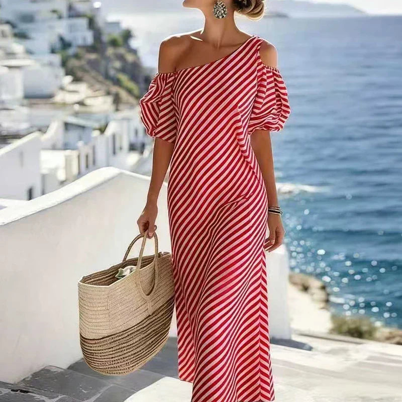 Amara Bohemian Striped One Shoulder Maxi Dress