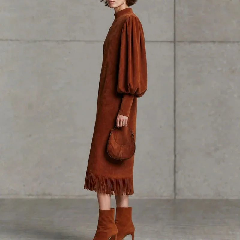 Marisette Lantern Sleeve Fringe Dress