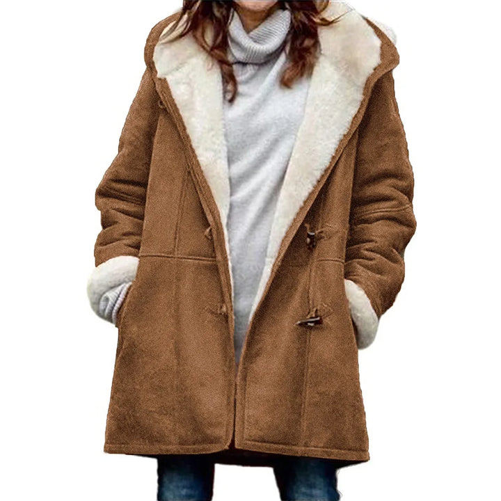 Camel brown duffle coat with shearling lined hood