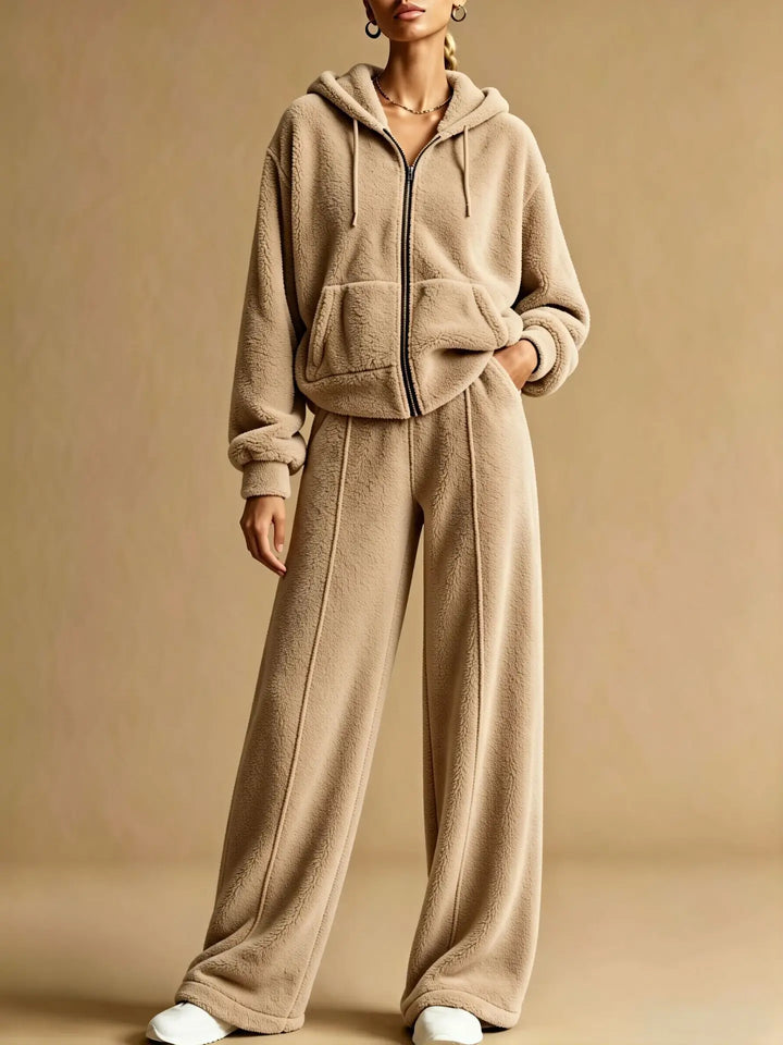 Woman wearing khaki sherpa hoodie and wide leg pants set