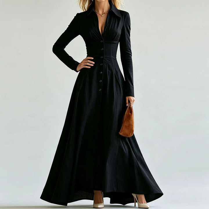 Black maxi dress close up of fitted waist and collar