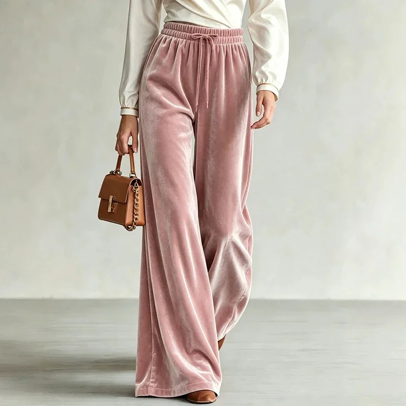 Pink velvet wide leg pants with drawstring waist, front view