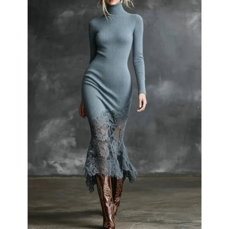 Grey-blue ribbed turtleneck sweater dress with lace mermaid hem, front view