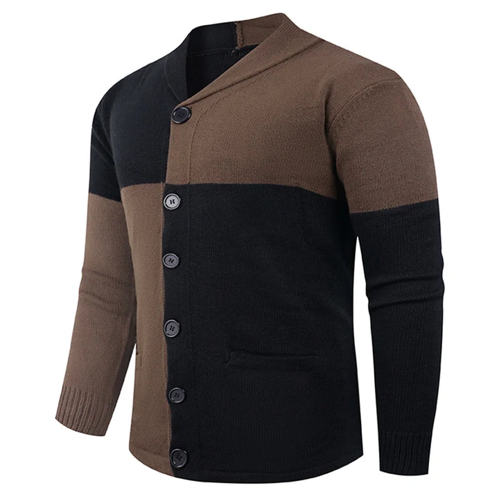Black brown color-block shawl collar cardigan sweater, side view