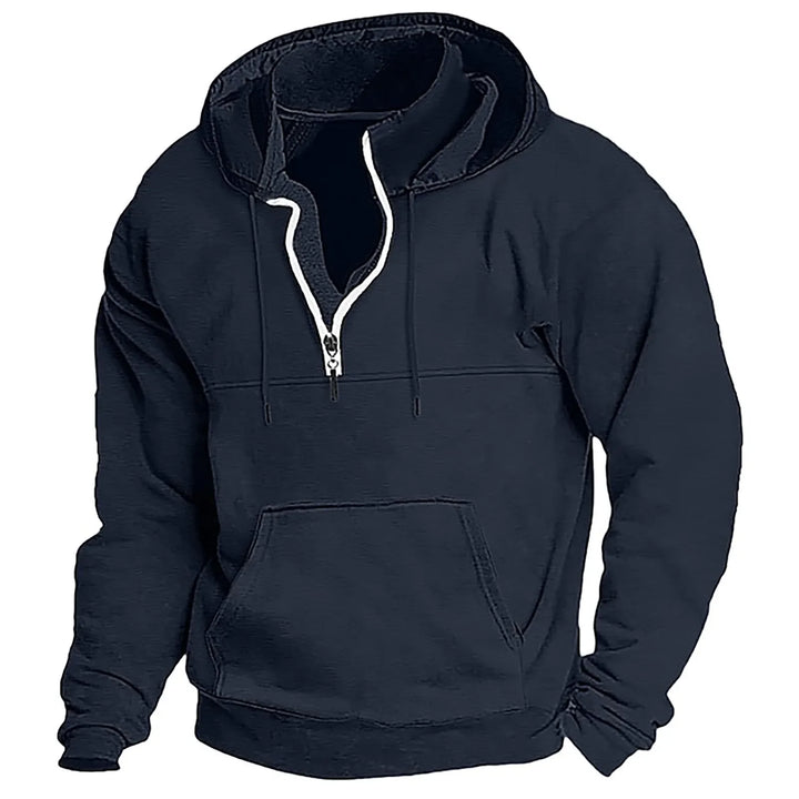 Navy blue quarter zip hoodie front view