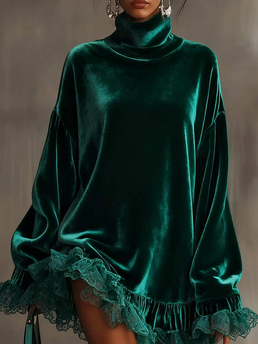 Close up of green velvet turtleneck dress with balloon sleeves