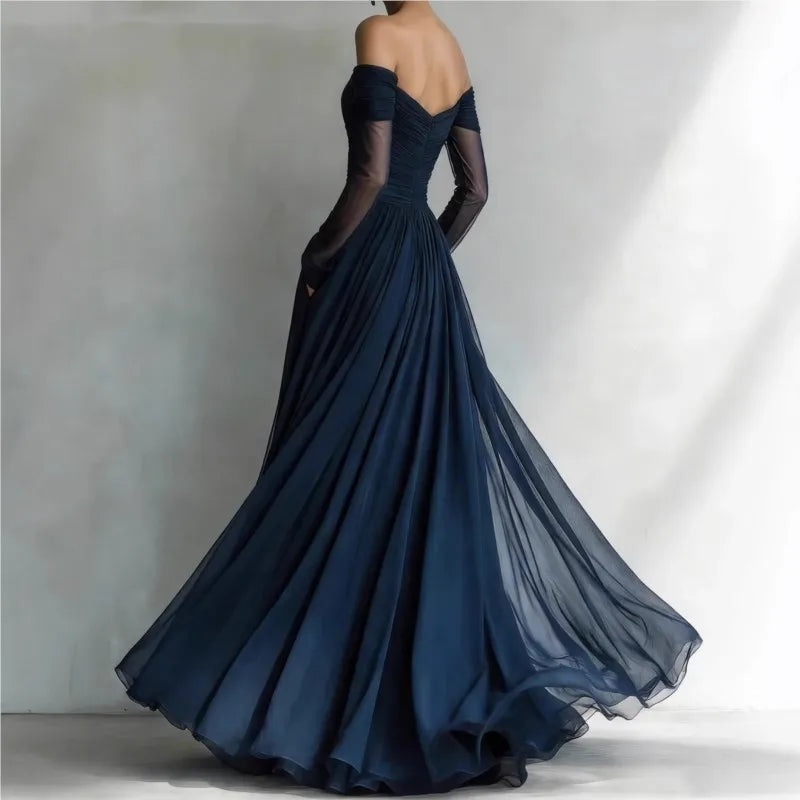 Navy blue off shoulder evening gown, back view