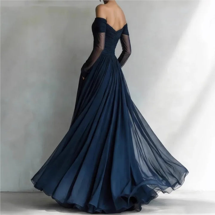 Navy blue off shoulder evening gown, back view