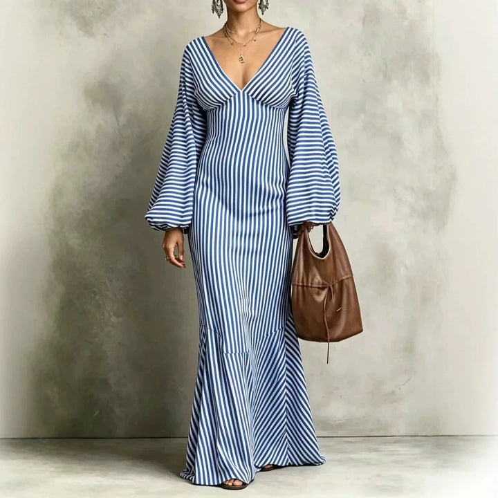 Sky blue striped maxi dress with V-neck and lantern sleeves, front view