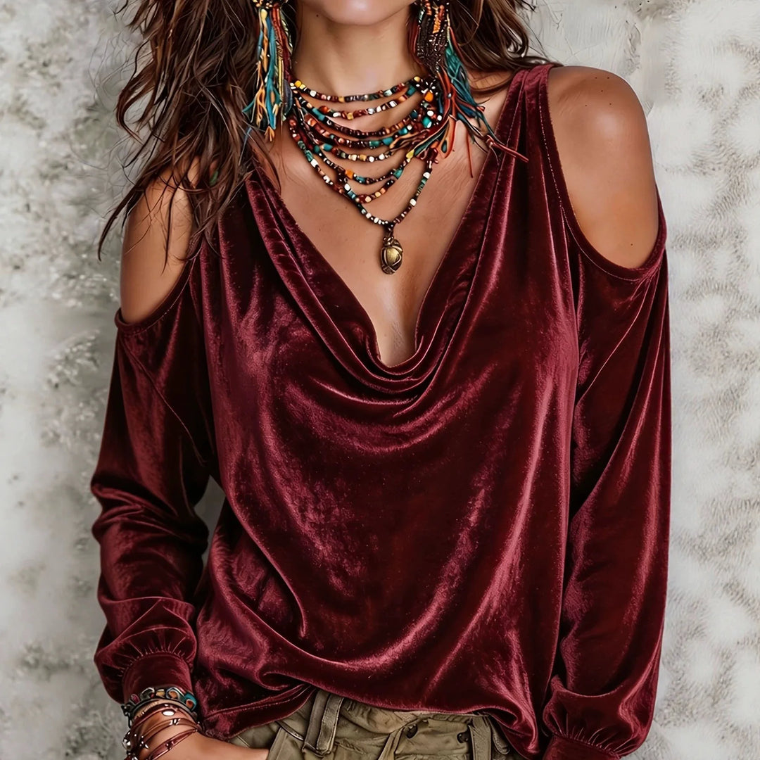 Burgundy velvet cold shoulder top with draped neckline