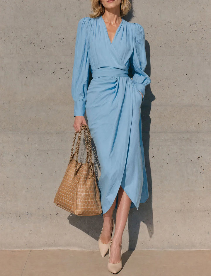 Sky blue wrap dress with surplice neckline