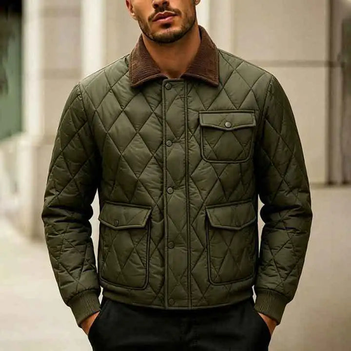 Man wearing green quilted jacket with corduroy collar, front view