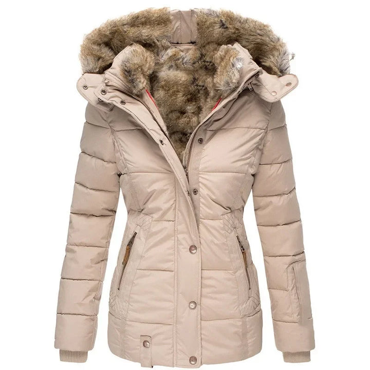 Apricot quilted puffer jacket with faux fur hood, front view