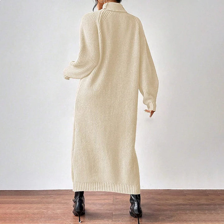 Apricot ribbed knit sweater dress, back view