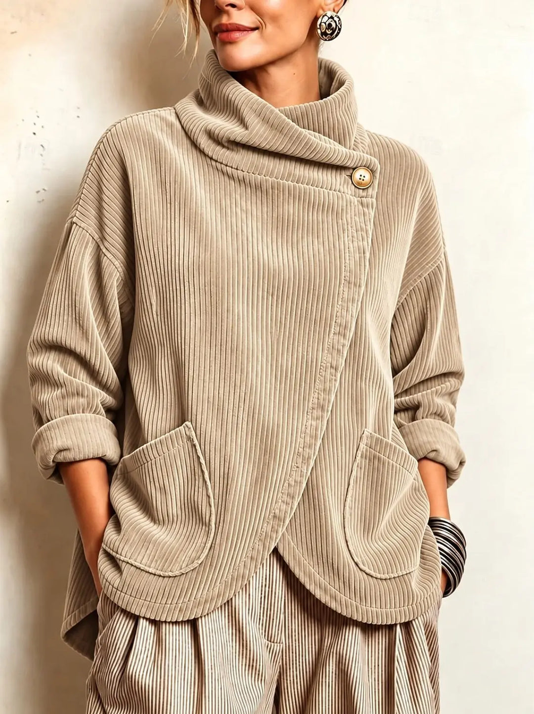 Woman wearing khaki corduroy jacket with cowl collar and patch pockets