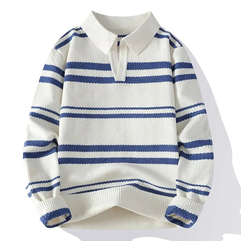 White blue striped knit polo sweater front view