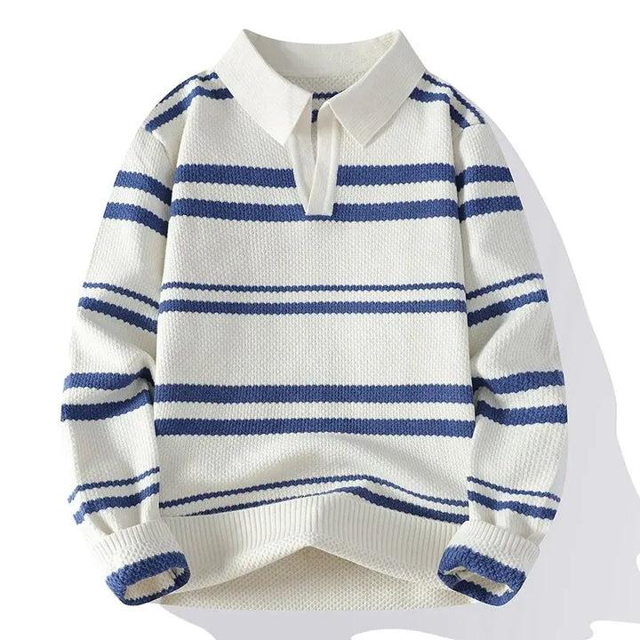 White blue striped knit polo sweater front view