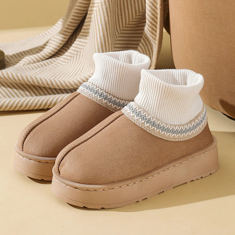 Khaki plush ankle boots with ribbed knit collar, side view
