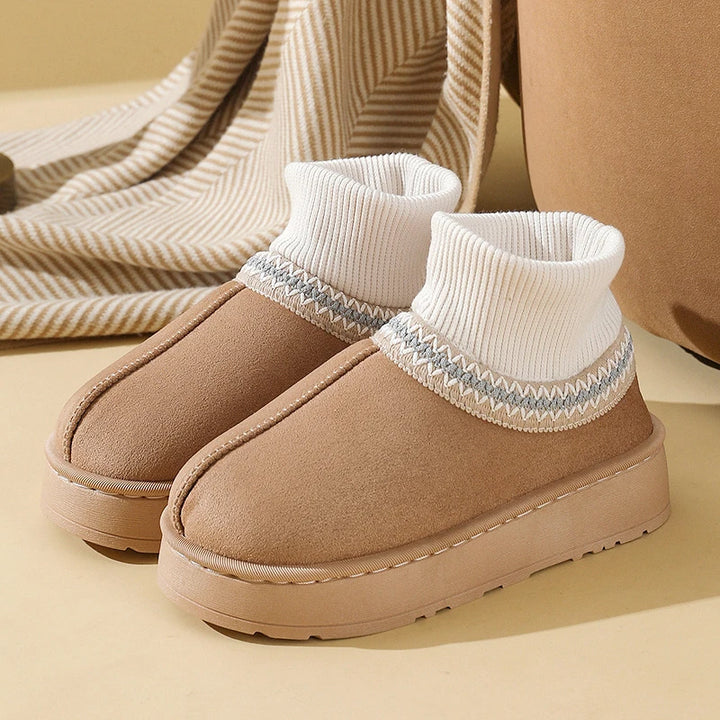 Khaki plush ankle boots with ribbed knit collar, side view