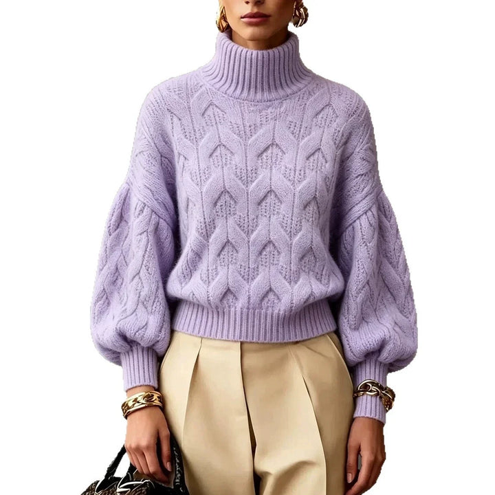 Purple cable knit turtleneck sweater with ribbed cuffs