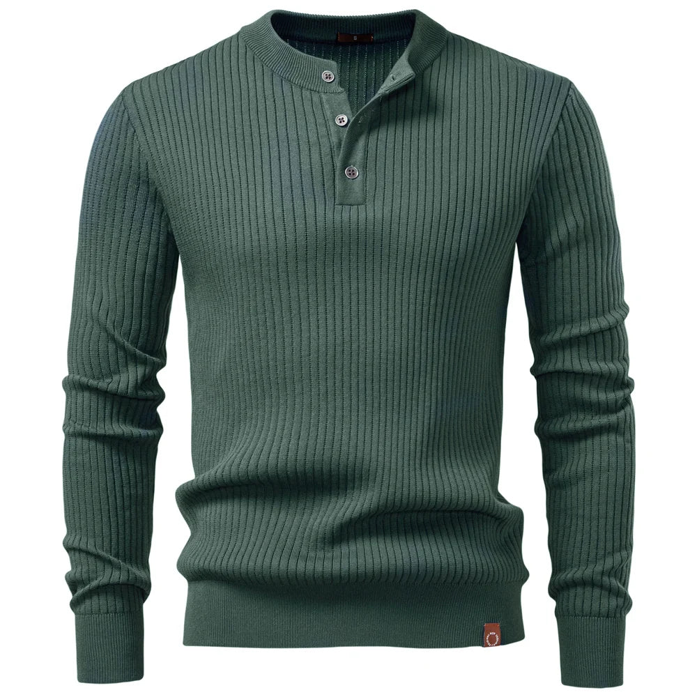 Green ribbed knit henley shirt front view