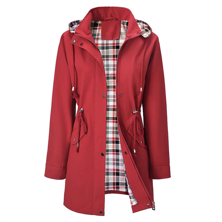 Wine red hooded rain jacket with plaid lining, front view
