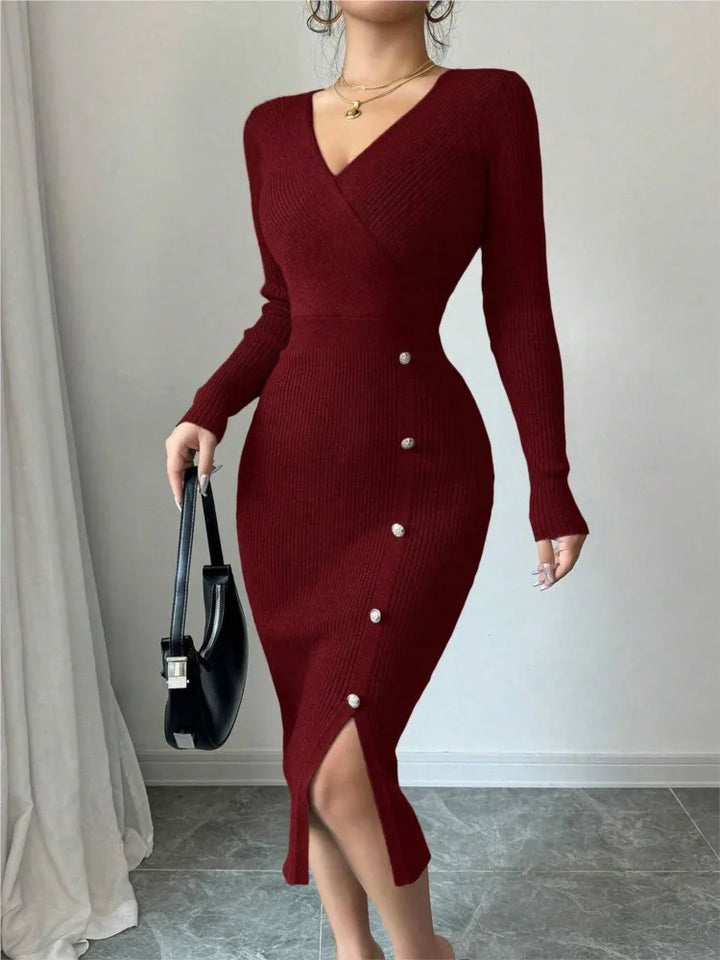 Burgundy ribbed knit sweater dress with wrap V-neck and jeweled buttons