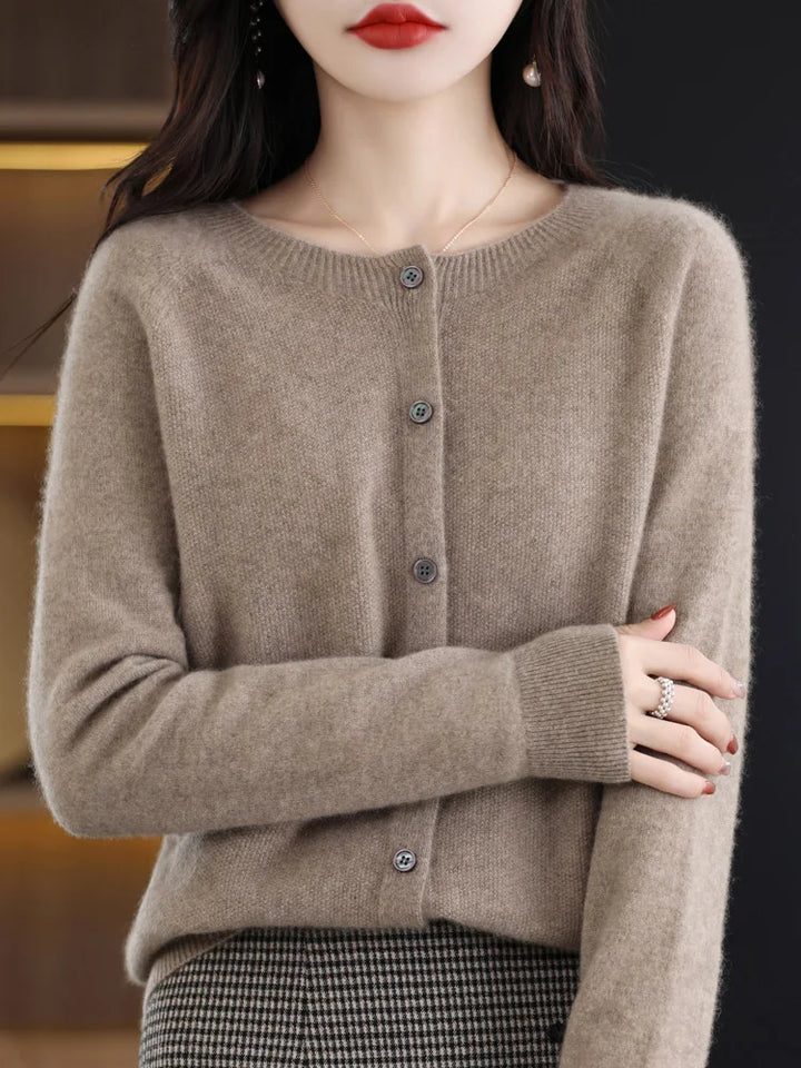 Taupe button front knit cardigan close up