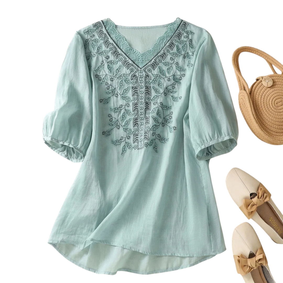 Sylvera Embroidered V Neck Blouse