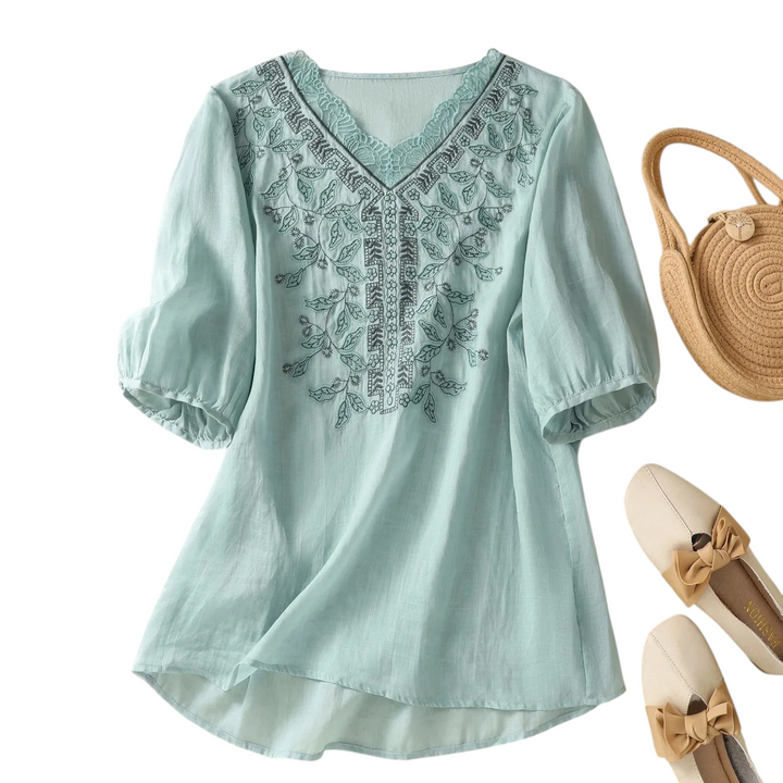 Sylvera Embroidered V Neck Blouse