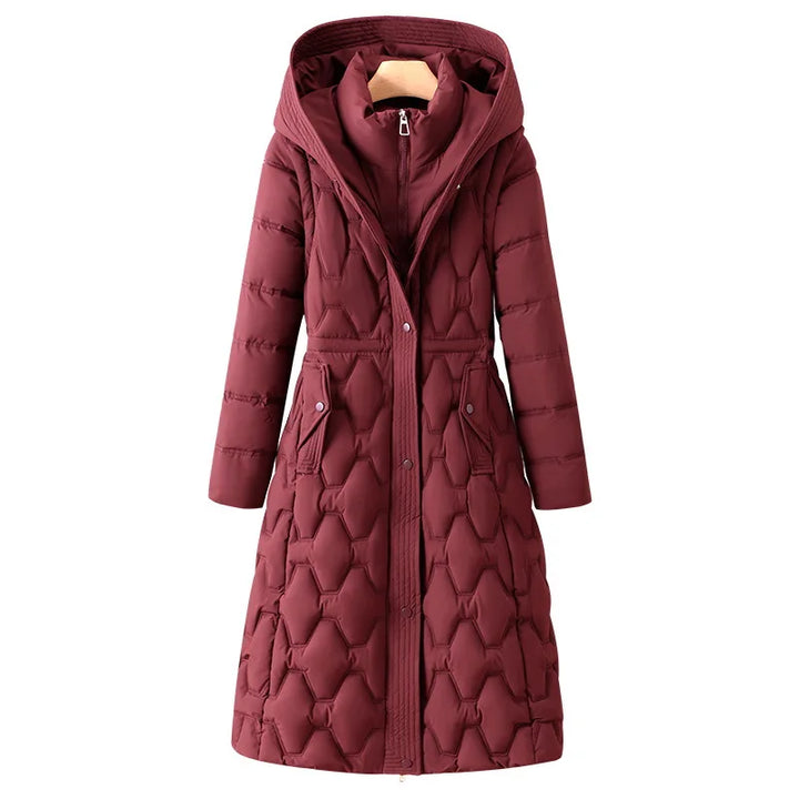 Red long quilted puffer coat with hood, front view