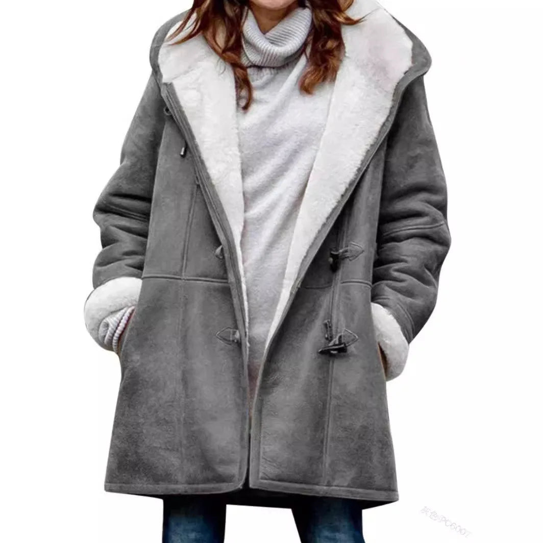 Gray duffle coat with shearling lined hood
