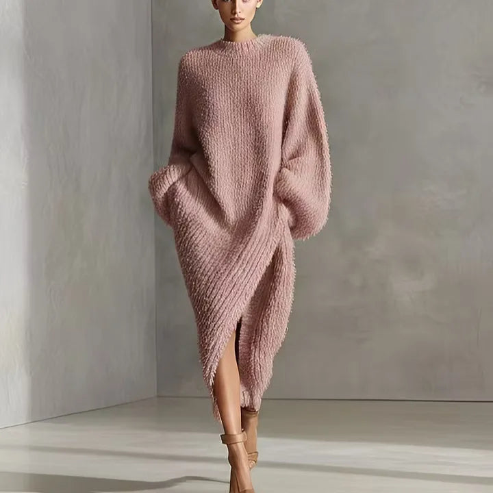 Woman wearing lotus root pink bouclé knit maxi dress, front view