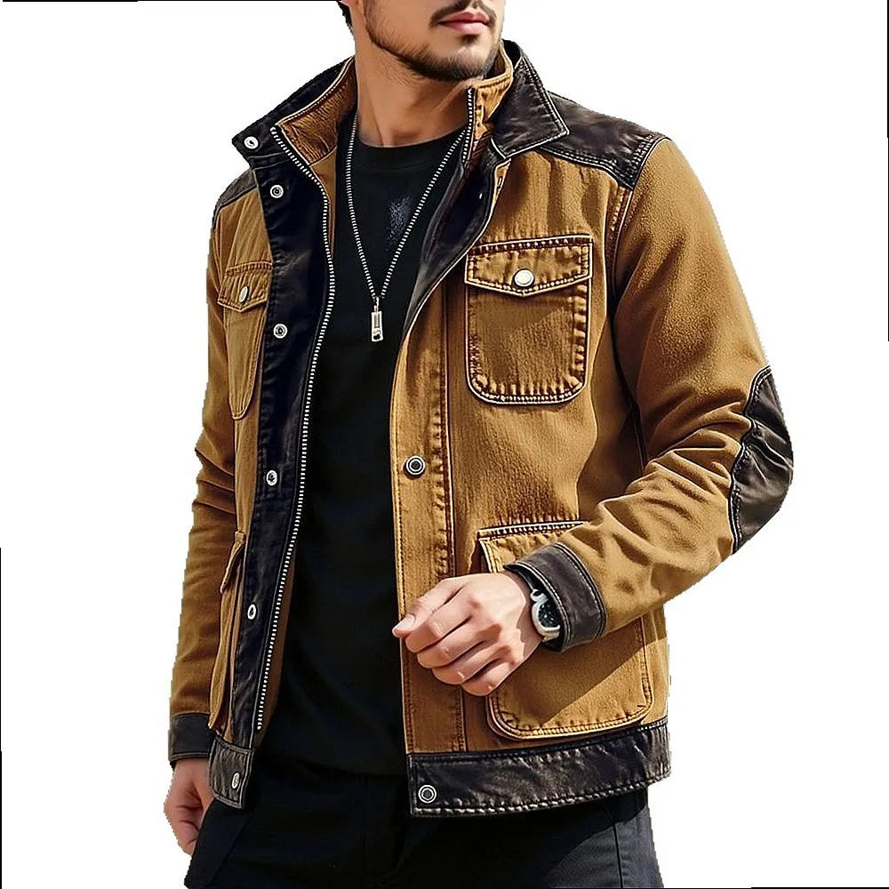 Man wearing ginger brown contrast panel denim jacket, front view