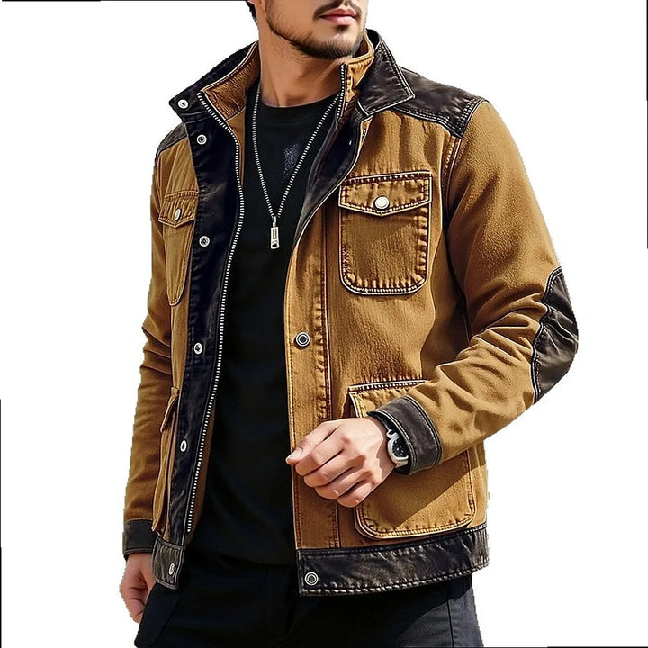 Man wearing ginger brown contrast panel denim jacket, front view