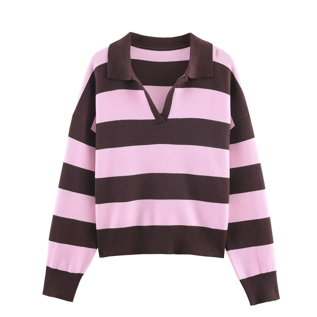 Pink and brown striped polo sweater, front view