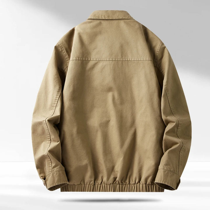 Khaki cotton jacket back view showing yoke seaming